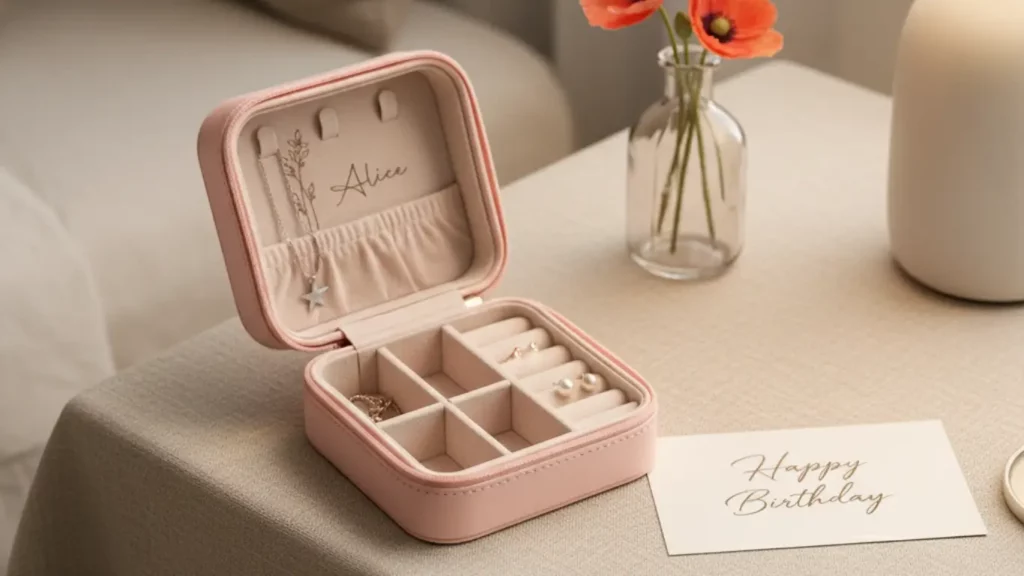 An open engraved birth flower jewelry box made of vegan leather, sitting on a wooden dresser with delicate jewelry inside, showcasing its personalized design and utility as a sentimental gift.