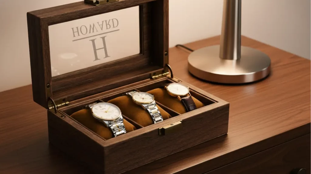 An engraved wooden watch storage box with an espresso finish, shown open on a dresser to display a collection of watches, as a sophisticated anniversary gift for him.