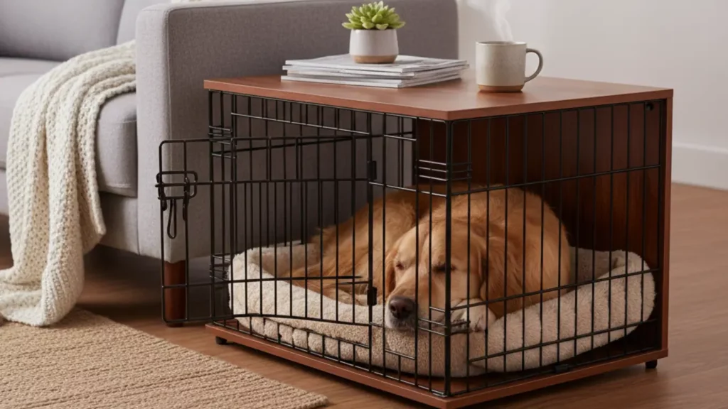 The Feandrea Furniture-Style Dog Crate, a stylish dark wood end table, beautifully integrated into a modern living room. A happy, relaxed Golden Retriever rests comfortably inside the crate, showcasing its dual function as both elegant home decor and a cozy pet sanctuary.