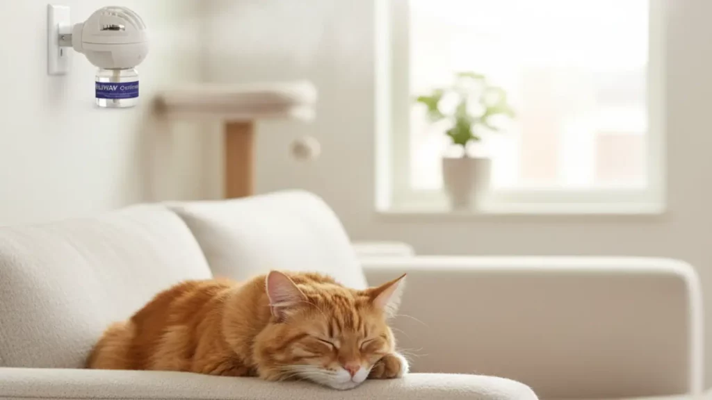 A calm cat relaxes in a serene living room, enhanced by the Feliway Optimum Calming Diffuser, illustrating this pet anxiety gadget's effect on creating a safe environment.
