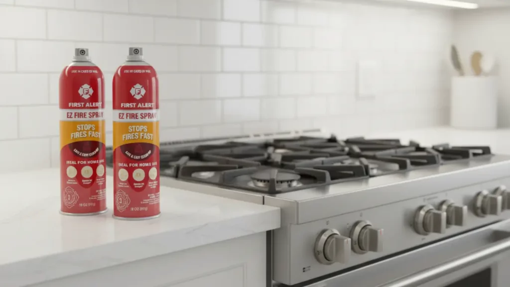 A First Alert EZ Fire Spray 2-pack, a practical and thoughtful housewarming gift for kitchen safety in a new home.