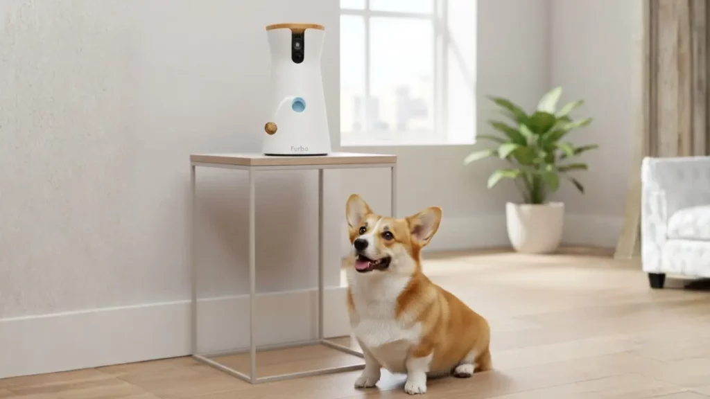 The Furbo 360° Dog Camera, a smart pet gadget, shown in a modern apartment actively tossing a treat to a happy dog, highlighting its interactive solution for separation anxiety.