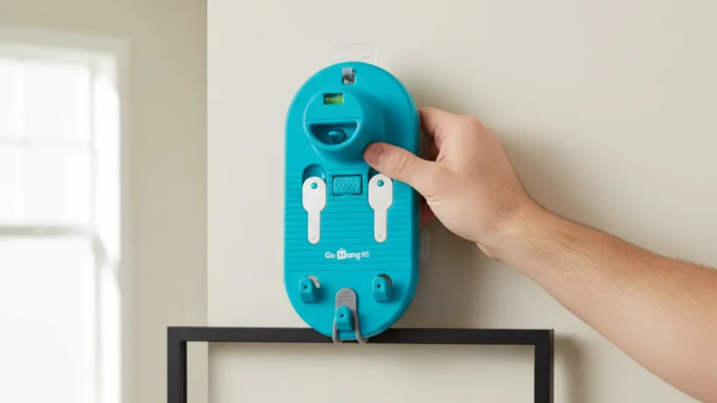 The Go Hang It! Pro picture hanging kit being used to level a frame, a useful new home gift for him.