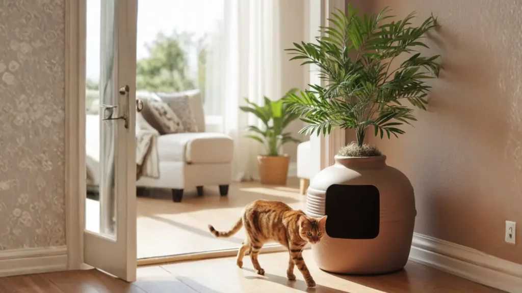The Good Pet Stuff Hidden Cat Litter Planter, a stylish and discreet decorative faux plant in a modern living room corner. A domestic cat subtly interacts with the planter, highlighting its seamless integration into home decor as a hidden litter box solution.