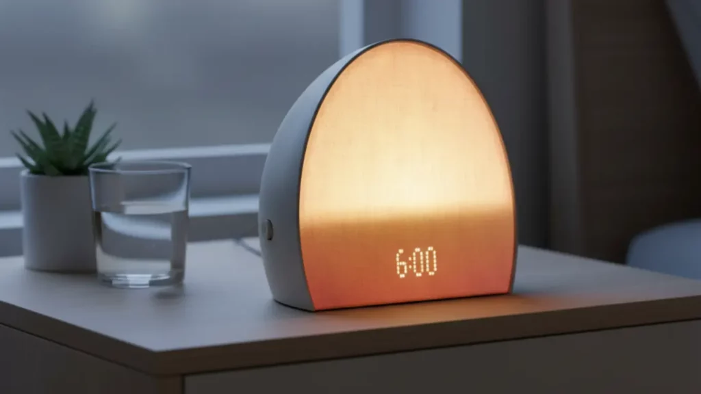 The Hatch Restore 2 smart alarm clock, shown on a minimalist nightstand, glowing with a warm sunrise alarm light to simulate a gentle, natural awakening.