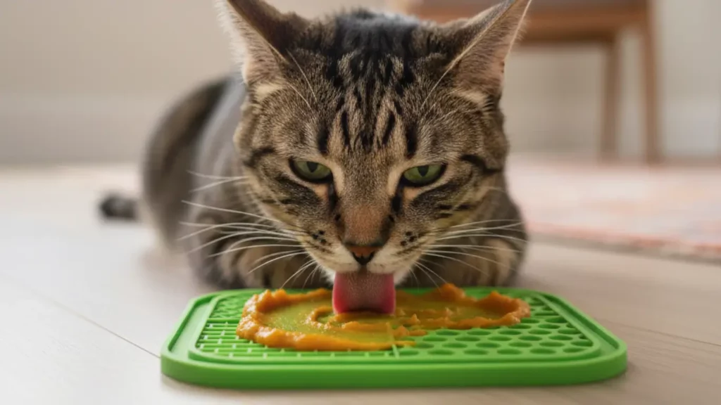 A dog calmly licks the HyperPet IQ Treat Mat, demonstrating how this gadget provides a soothing distraction for pet anxiety.
