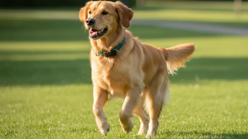 An active Labrador Retriever dog joyfully running in a sunny park, wearing a collar with the compact Invoxia Minitailz Biotracker GPS securely attached, symbolizing pet safety, freedom, and health monitoring.
