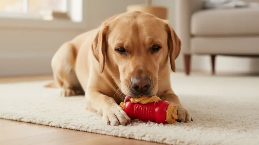 A calm dog is happily licking a KONG Classic toy stuffed with treats, illustrating how this pet anxiety gadget provides soothing focus.