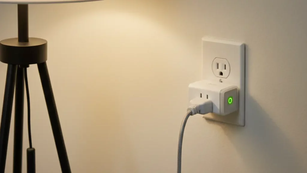 Kasa smart plugs shown in a wall outlet controlling a lamp, an easy tech housewarming gift for men under $50.