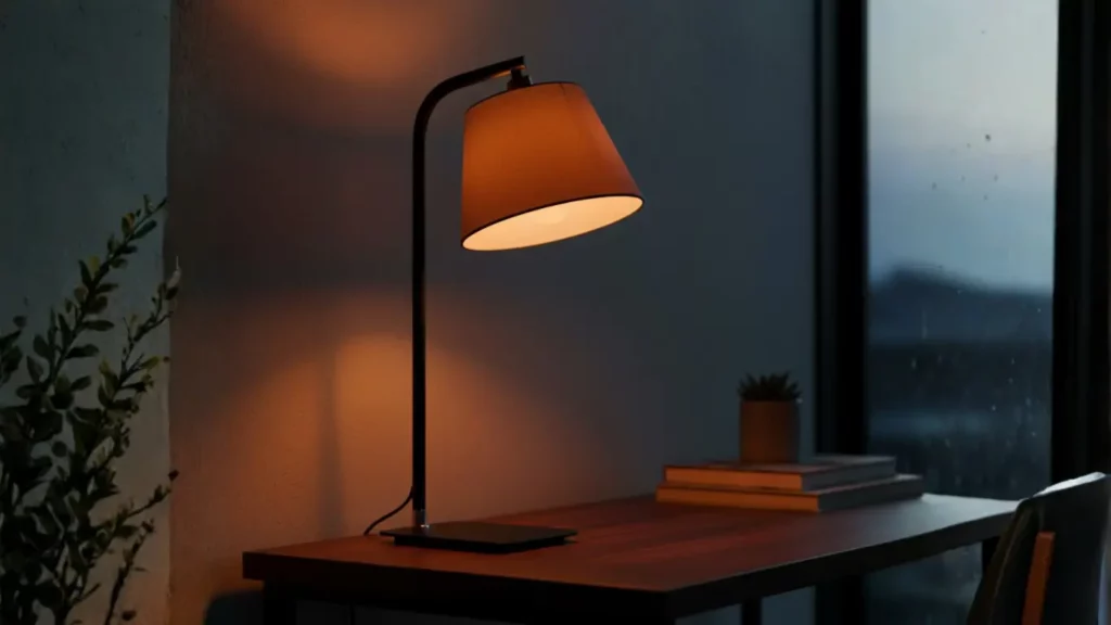 A Kasa smart multicolor light bulb glowing in a lamp, a fun tech gift for a new home under $50.