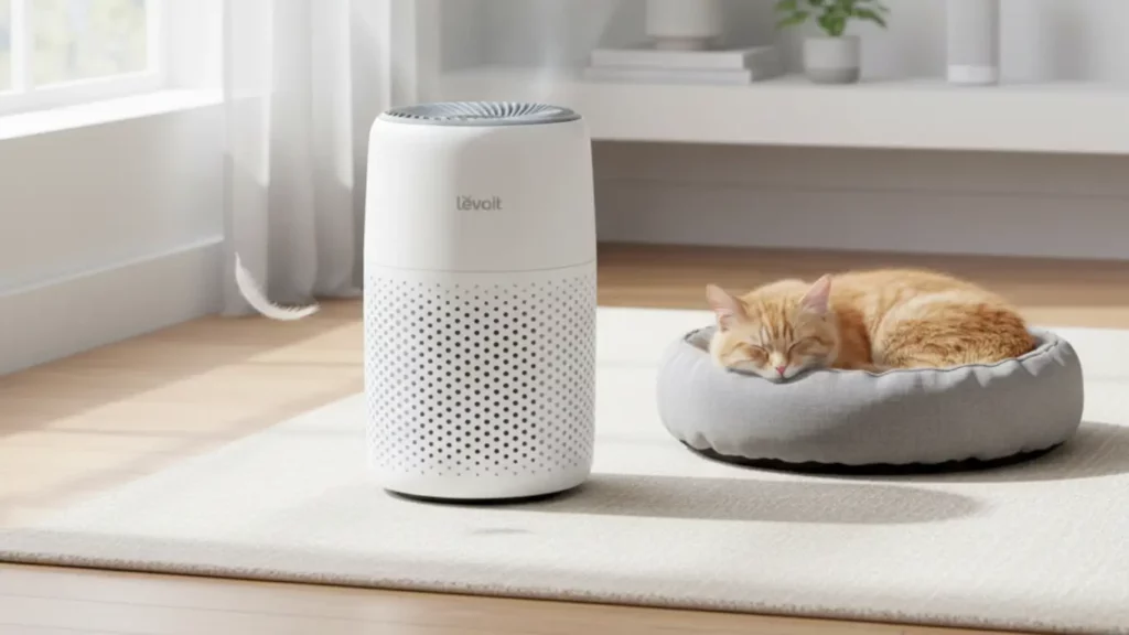 The sleek white LEVOIT Core 300S Smart Air Purifier (Pet Edition) stands quietly in a modern, sunlit living room. A peaceful cat rests on a nearby rug, illustrating the purifier's effectiveness in maintaining a fresh, odor-free environment for pet owners.