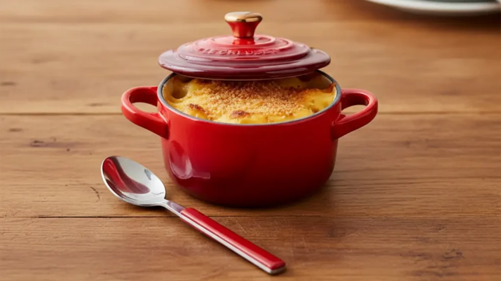 A vibrant Le Creuset Mini Round Cocotte, open and filled with individual mac and cheese, sitting on a wooden kitchen counter, highlighting its gourmet appeal and versatile use as an affordable luxury gift.