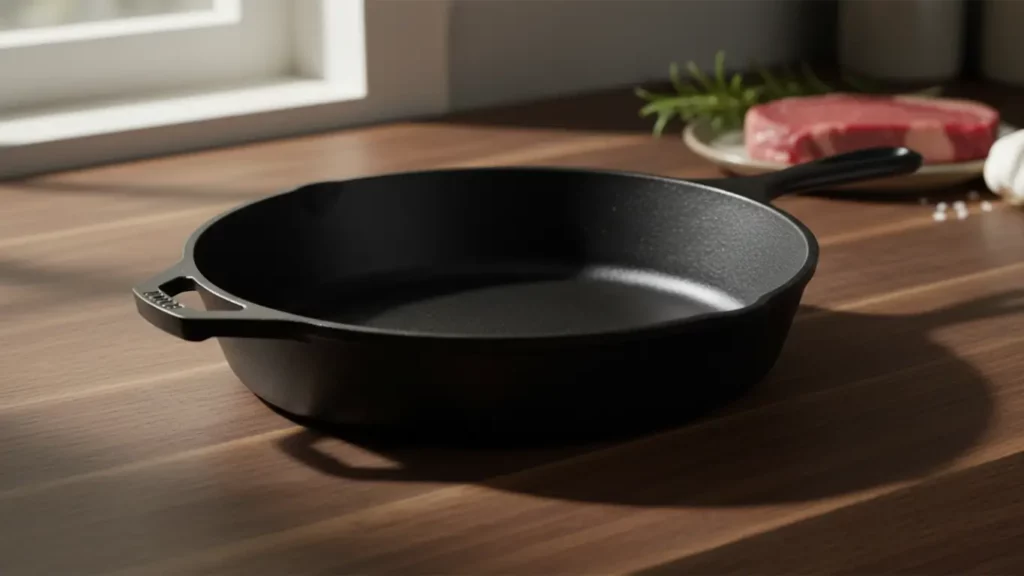The Lodge 10.25-inch cast iron skillet, a practical housewarming gift for men, shown on a kitchen counter ready for cooking.