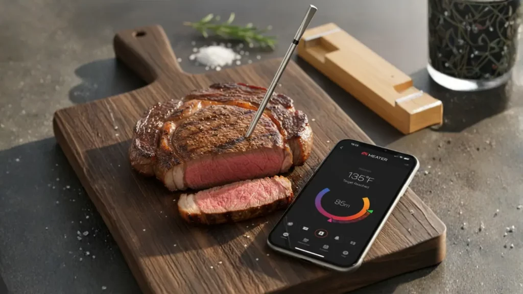 The MEATER 2 Plus smart meat thermometer probe shown inserted into a perfectly cooked steak on a cutting board, with the app visible on a nearby smartphone, as a cool tech gift for a dad who loves to grill.