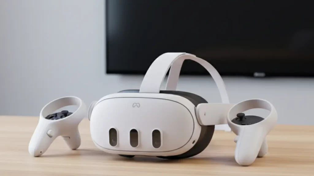 The Meta Quest 3 VR Headset and its controllers, displayed neatly on a modern desk, as a cutting-edge tech birthday gift for a dad.