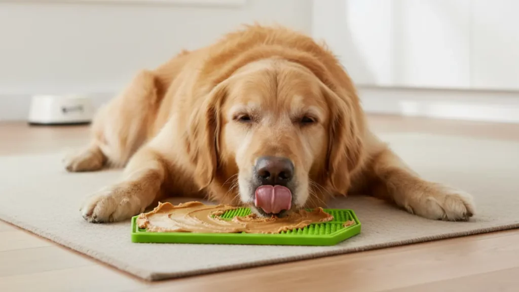 A calm Labrador Retriever dog gently licks peanut butter spread on a Mighty Paw Dog Lick Mat, positioned on a clean kitchen floor. The scene highlights the mat's ability to provide soothing enrichment and stress relief for pets.