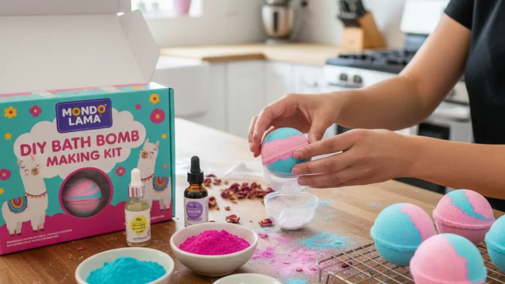Hands actively making colorful bath bombs from the Mondo Llama DIY Bath Bomb Making Kit on a bright wooden kitchen island, with the kit box and ingredients scattered around, showcasing a fun crafting experience.