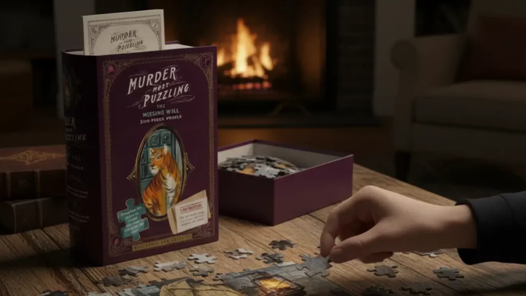 A person's hand assembling a "Murder Mystery Jigsaw Puzzle" on a wooden table, with the puzzle box and a magnifying glass nearby, highlighting the unique true crime and puzzle-solving experience.