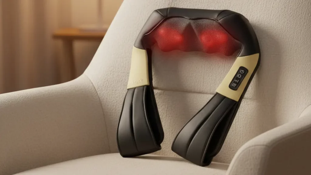 A Nekteck Shiatsu Neck and Back Massager, shown draped over a plush armchair with its massage nodes glowing red to indicate the heat function, as a relaxing birthday gift for mom.