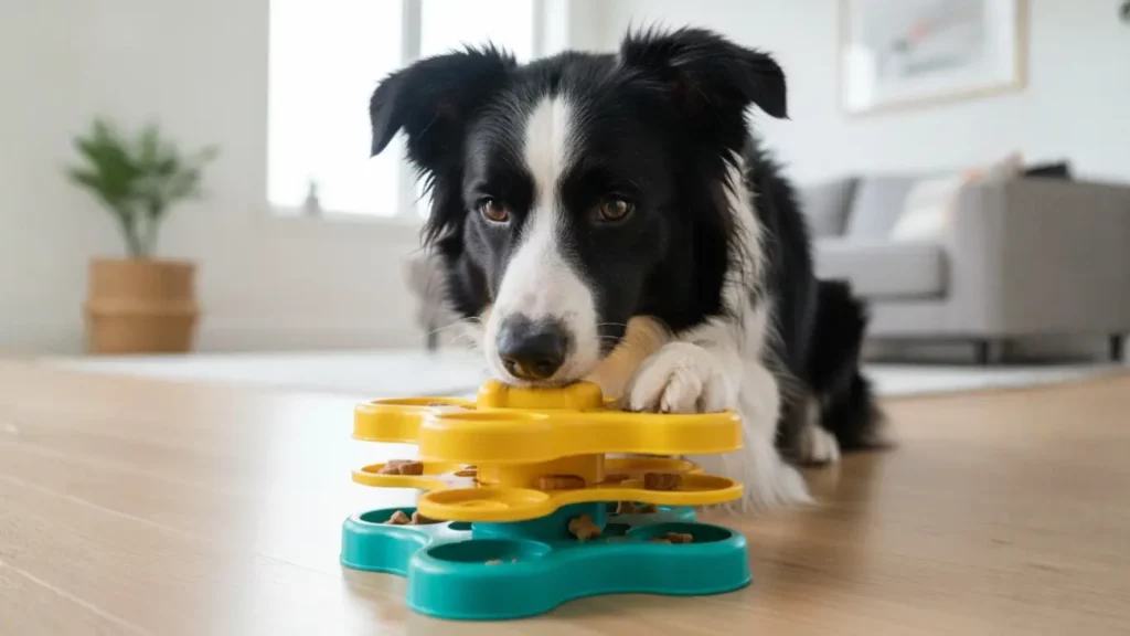 A focused dog actively solves the Nina Ottosson Tornado Puzzle, demonstrating mental stimulation as a solution for pet anxiety.
