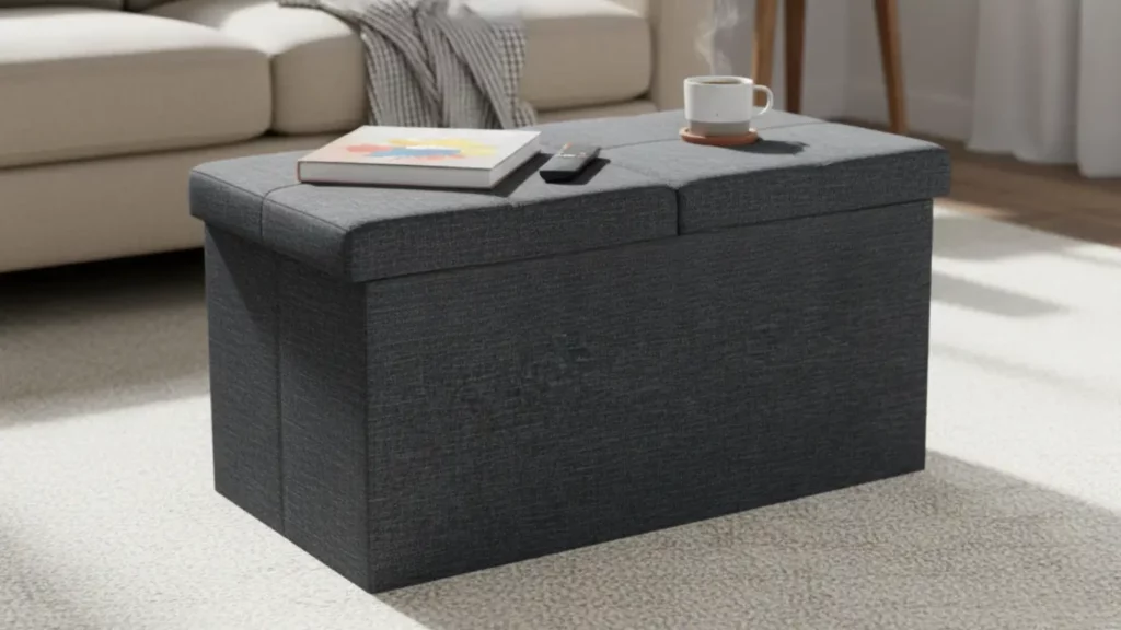 The Otto & Ben Storage Ottoman, a stylish upholstered cube, positioned in a modern living room. Its lid is slightly open, revealing neatly stored blankets and magazines, showcasing its practical storage and versatile use as chic home furniture.