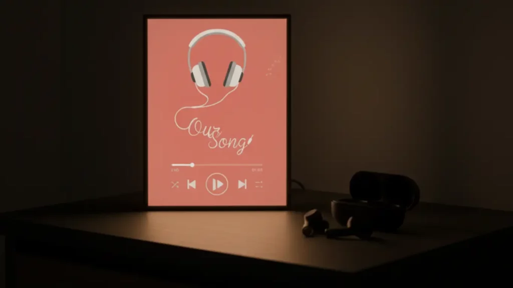 An 'Our Song' custom light box, illuminated in a dark room and resting on a nightstand, shown as a modern and romantic anniversary gift featuring a custom photo and song.