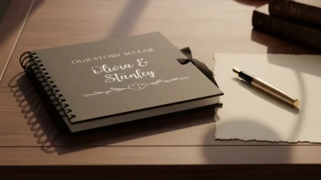 An 'Our Story So Far' anniversary journal shown resting on an elegant wooden desk with a fountain pen, symbolizing a sentimental 1st-year paper anniversary gift and tradition.