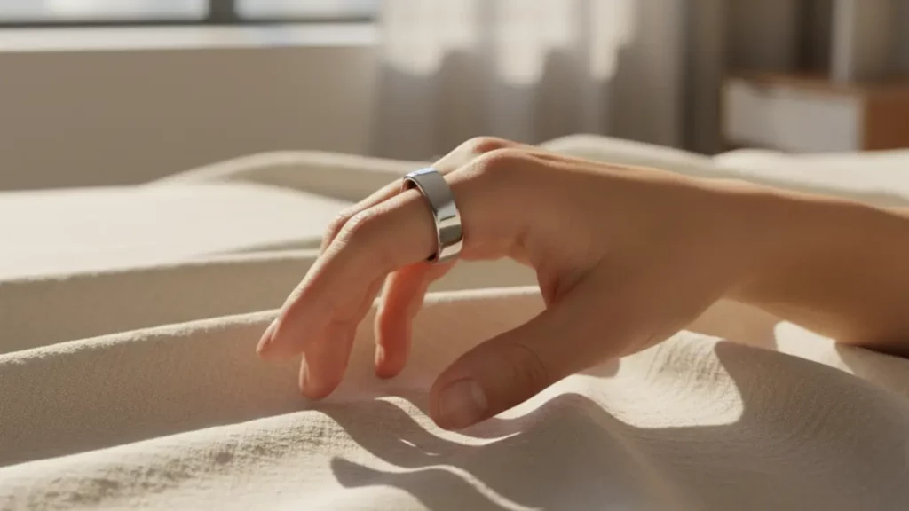 The sleek Oura Ring Gen 4 health tracker, worn on a person's hand resting on a calm nightstand, monitoring wellness as a sophisticated high-tech gift.