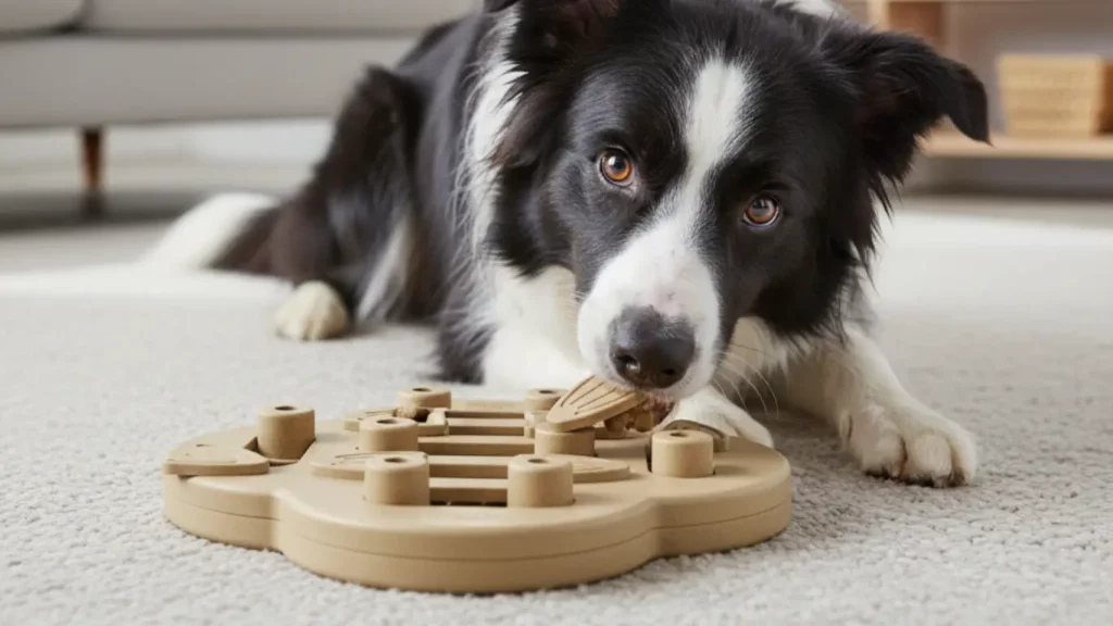 A focused Border Collie dog actively engaging with the Outward Hound 'Hide N' Slide' Puzzle Toy, sliding a compartment to reveal a hidden treat on a living room rug, showcasing the toy's mental stimulation and interactive challenge for pets.