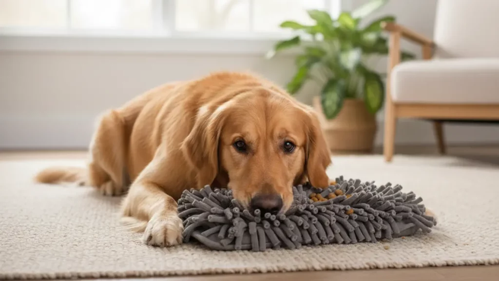 A focused dog calmly sniffs for hidden treats in a PAW5 Wooly Snuffle Mat, demonstrating how this pet anxiety gadget provides mental enrichment.