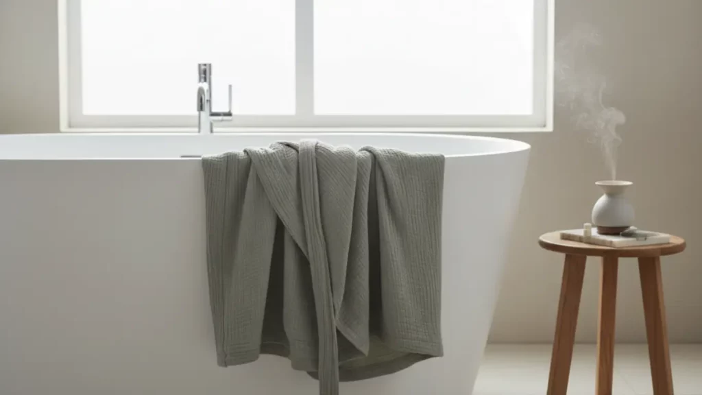 A luxurious Parachute Cloud Cotton Robe in white, draped elegantly over the edge of a modern bathtub, showcasing its soft, gauze-like texture as a premium relaxation gift.