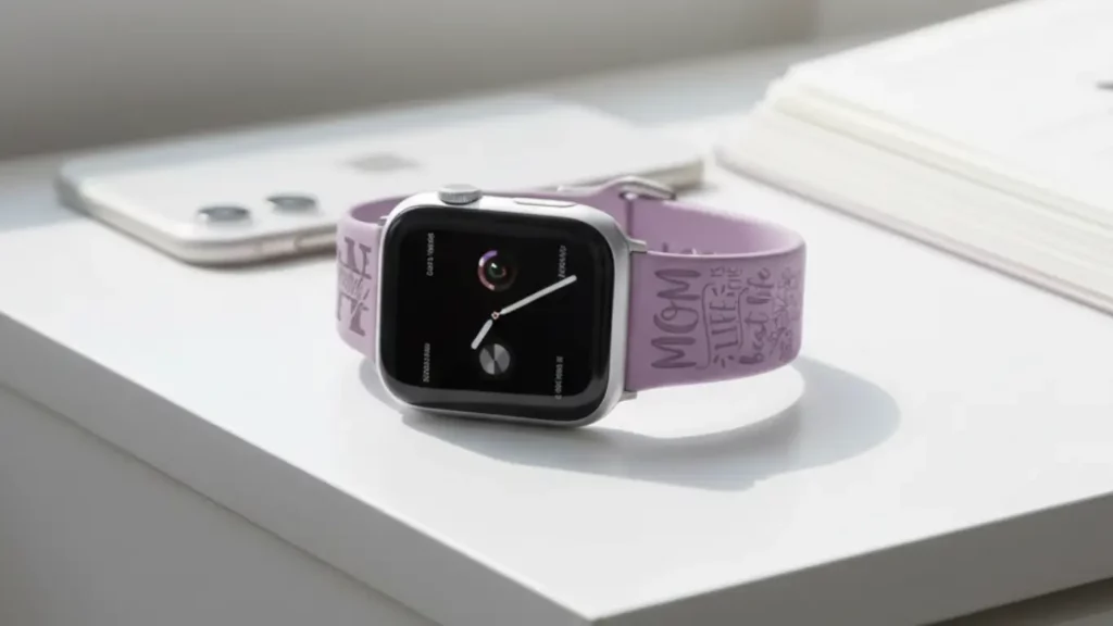 A personalized leather Apple Watch band in dark brown, shown attached to an Apple Watch, revealing a custom handwriting engraving on the strap as a sentimental anniversary gift.