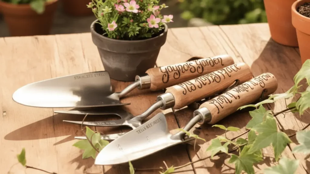 A personalized engraved garden tool set with wooden handles, shown resting on a rustic potting bench in a sunny garden, as a thoughtful birthday gift for a mom who loves gardening.