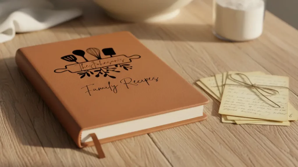 A personalized family recipe book with a wooden cover, shown on a kitchen counter next to a stack of handwritten recipe cards, symbolizing a sentimental heirloom birthday gift for mom.