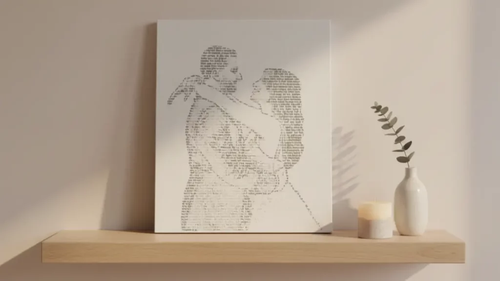 A framed 'Personalized First Dance Song Lyrics Art' print leaning elegantly on a floating shelf with a candle, shown as a romantic anniversary gift.