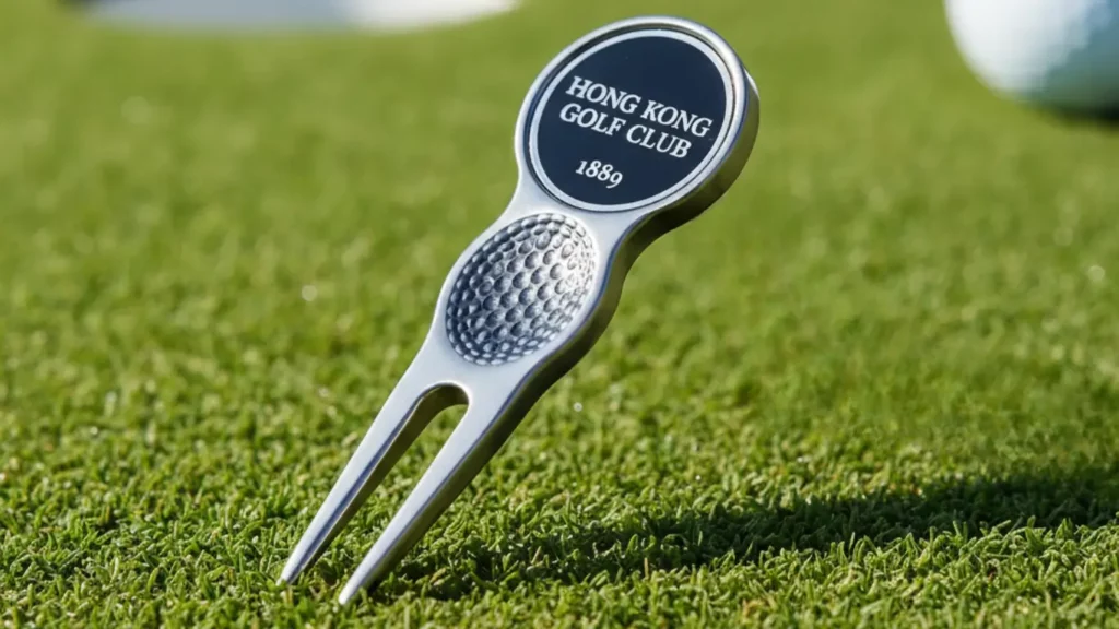 A macro shot of a personalized golf ball marker and divot tool, showing custom engraving, resting on a bright green golf course, as a thoughtful anniversary gift for a golfer.