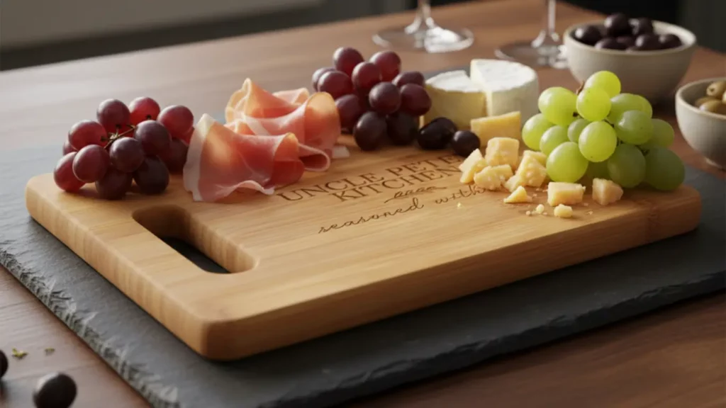 A personalized "Seasoned With Love" wooden cutting board, used as a charcuterie board with cheese and grapes, shown as a sentimental 5th-year wood anniversary gift.