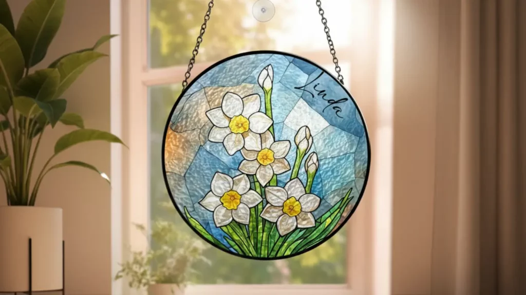 A personalized stained glass suncatcher featuring a birth flower, hanging in a sunlit window and casting vibrant, colorful patterns onto the wall, highlighting its artistic and sentimental beauty as a gift.