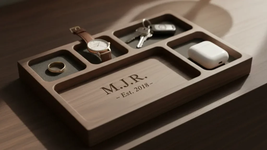 A personalized wooden valet tray, engraved with initials, shown organized on a dresser holding a watch, wedding ring, and keys, as a sentimental anniversary gift for him.