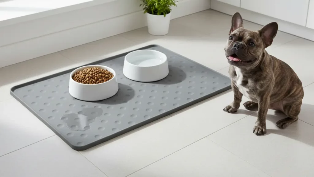 The PetFusion ToughGrip Waterproof Feeding Mat, a durable silicone mat, lays on a modern kitchen floor with two pet bowls. A few drops of water are contained on its edge, demonstrating its spill-proof design for a clean pet feeding area, with a happy dog nearby.