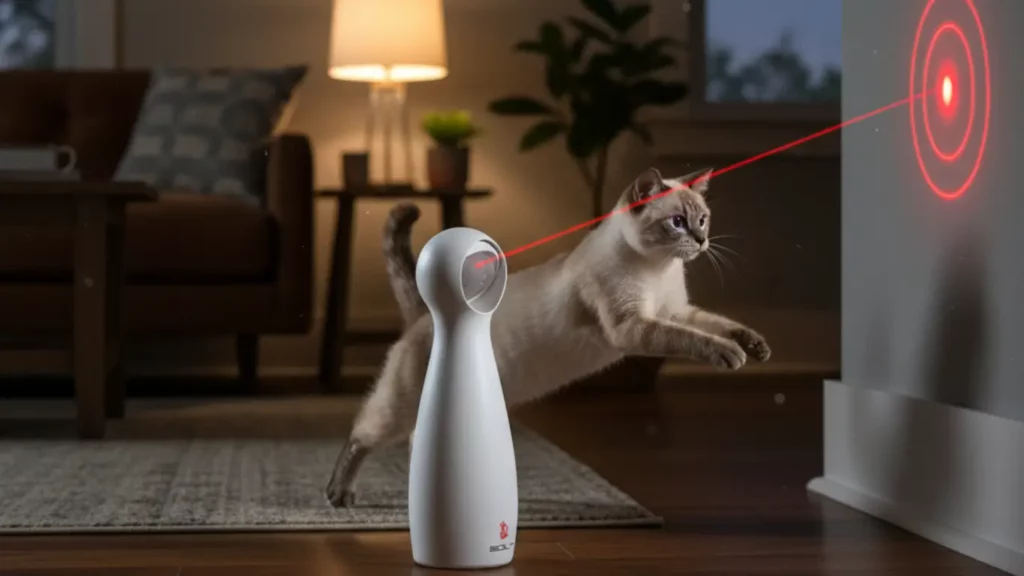 The PetSafe Bolt Automatic Laser Cat Toy projects a bright red laser dot across a living room floor. An agile domestic cat is captured mid-pounce, intensely focused on chasing the moving laser, showcasing the toy's engaging automatic play and exercise benefits for felines.