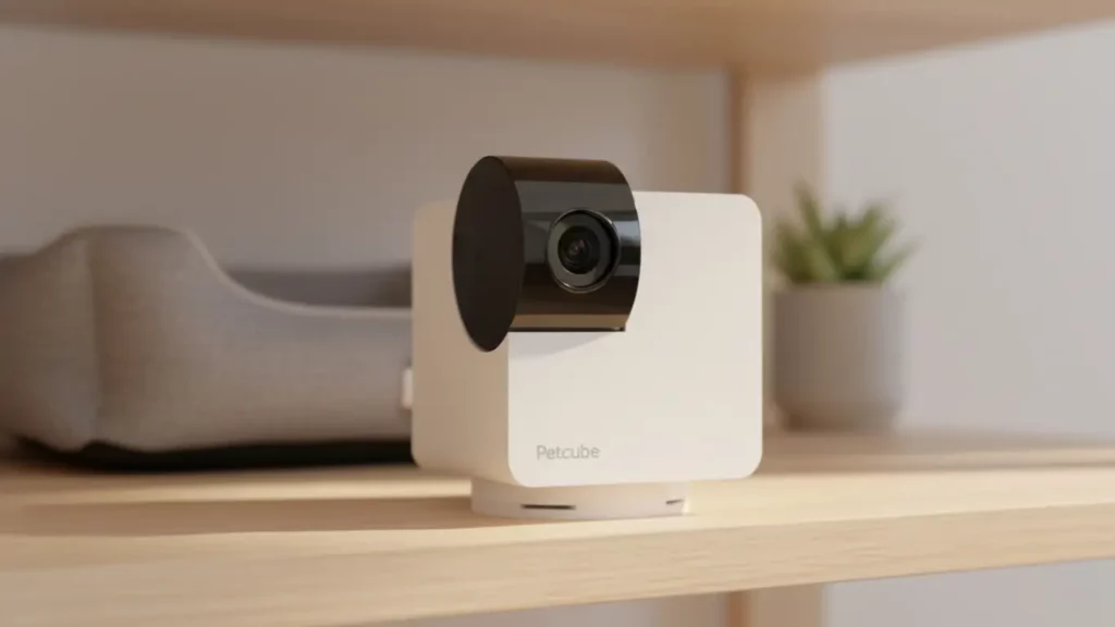 The compact Petcube Cam 360 camera on a modern shelf, ready to monitor and soothe pets with separation anxiety.