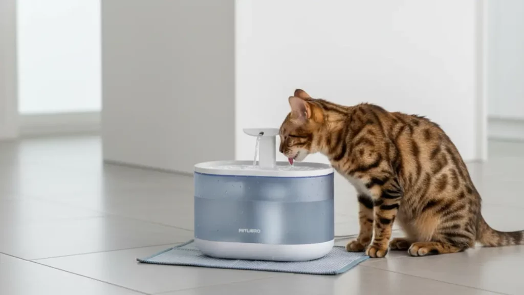 The sleek stainless steel Petlibro Ultra-Quiet Cat Water Fountain, with fresh water flowing, sits elegantly on a clean floor. A curious cat is actively drinking, highlighting the fountain's modern design, quiet operation, and its role in promoting pet hydration in a serene home.