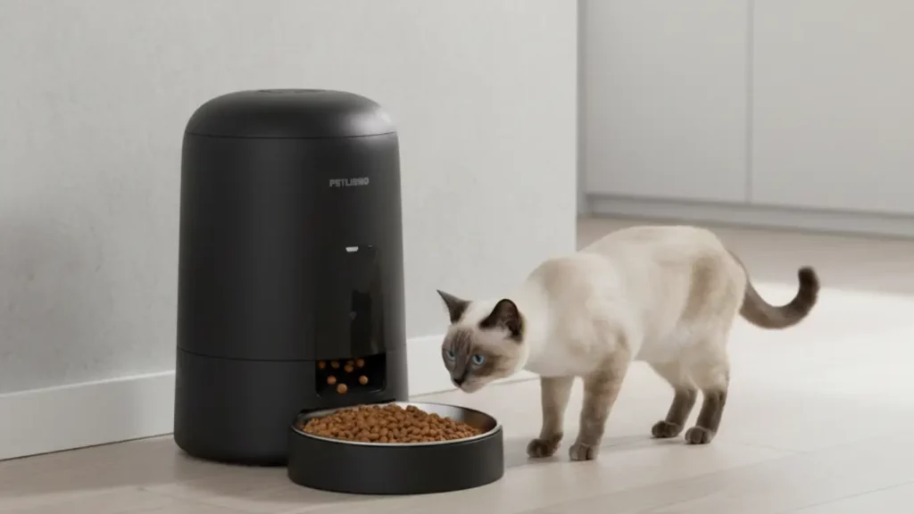 The Petlibro WiFi Automatic Cat Feeder dispensing a perfect portion of kibble into its stainless steel bowl, while a happy domestic cat eats its scheduled meal in a clean, modern kitchen.