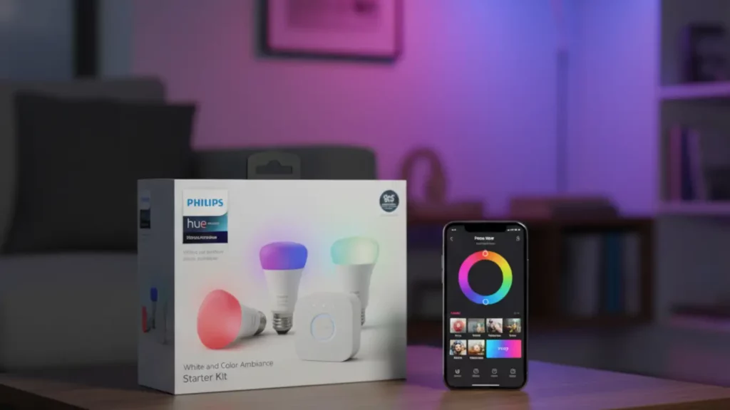 A Philips Hue smart light starter kit box on a coffee table, shown next to a smartphone displaying the Hue app, with colorful ambient lighting in the background.
