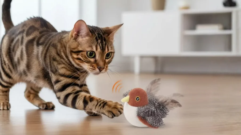 An energetic cat pounces on the Potaroma Flapping Bird Cat Toy, demonstrating how this interactive gadget satisfies prey drive and reduces pet anxiety.