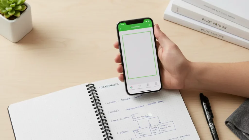 The Rocketbook Core smart reusable notebook, shown open on a modern desk next to its pen and cloth, being scanned by a smartphone to digitize notes, as an eco-friendly tech gift.