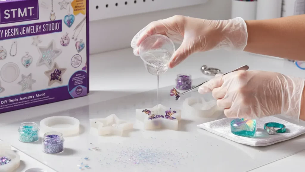 Hands in gloves pouring liquid resin into a jewelry mold from the STMT DIY Resin Jewelry Studio kit, surrounded by glitter and gemstones, with finished sparkling resin pendants displayed nearby, showcasing custom jewelry creation.