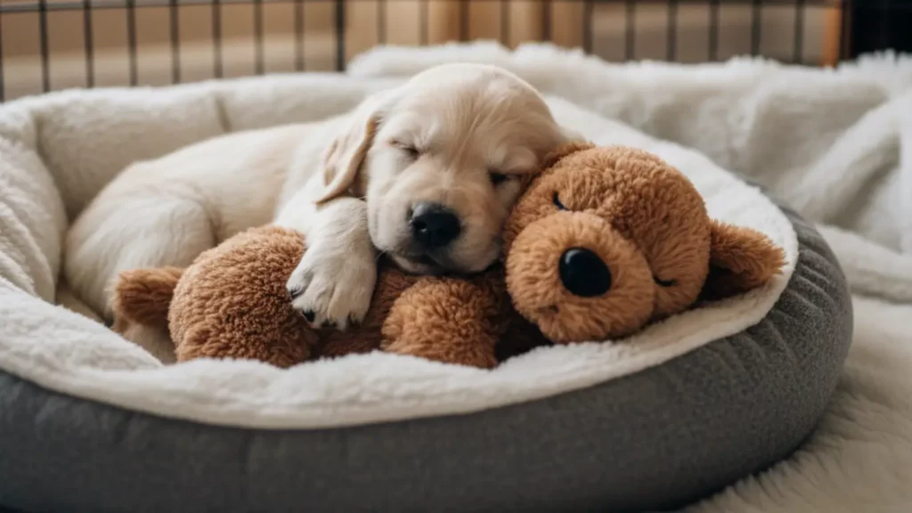 A peaceful puppy cuddles the SmartPetLove Snuggle Puppy Heartbeat Toy, illustrating how this gadget provides comfort and reduces anxiety in new pets.