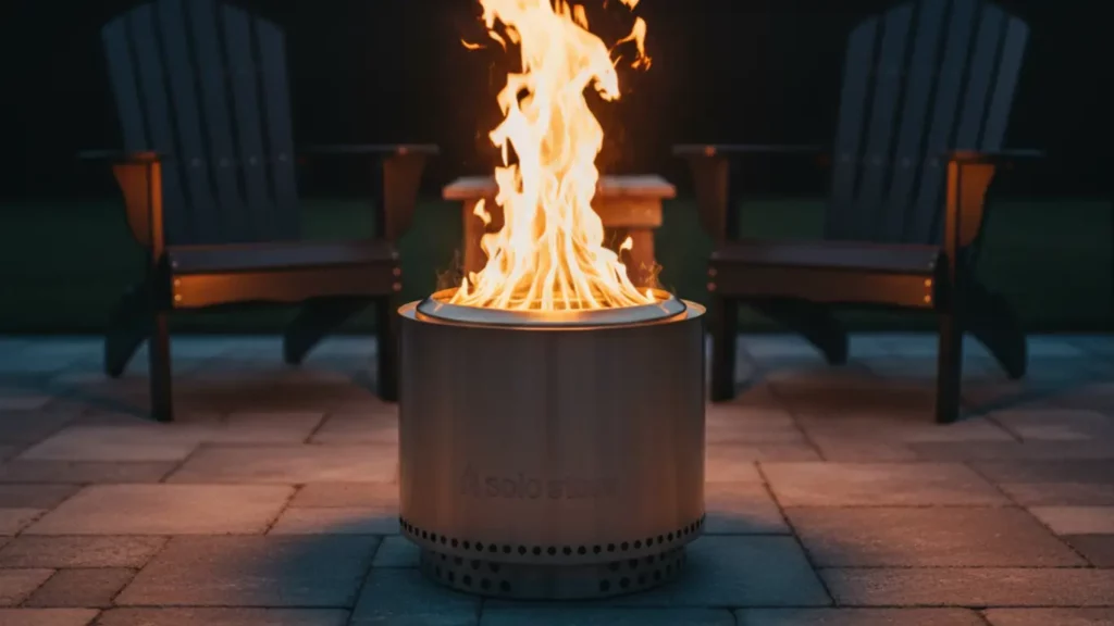 A Solo Stove Bonfire 2.0 smokeless fire pit, shown lit with a bright, smokeless flame in a cozy backyard patio setting at dusk, as a unique anniversary gift.